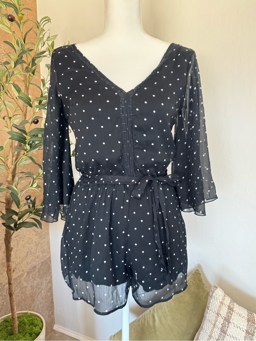Abercrombie & Fitch Navy Sheer with White Polka Dot Tie-Strap Romper Size S